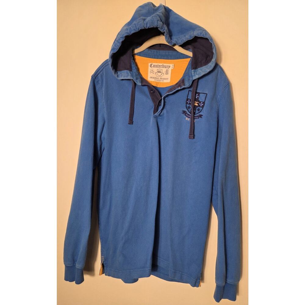 Vintage Canterbury of New Zealand Men's Hooded Rugby Shirt Blue Size L